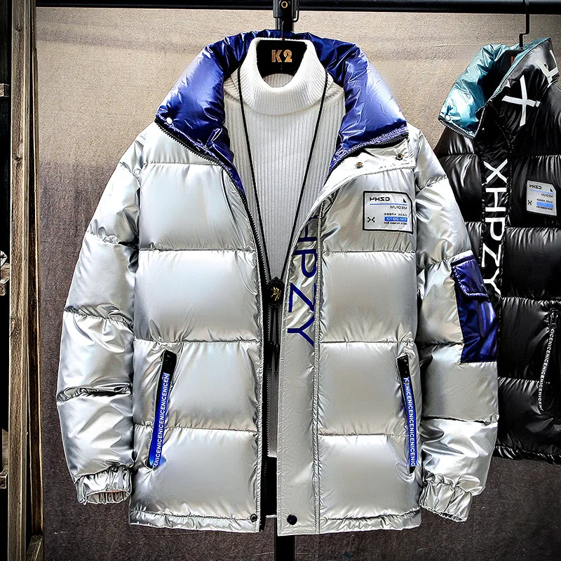 2022 novo couro brilhante jaqueta de inverno dos homens casuais parka outwear engrossar à prova dthicken água quente gola casaco outwear