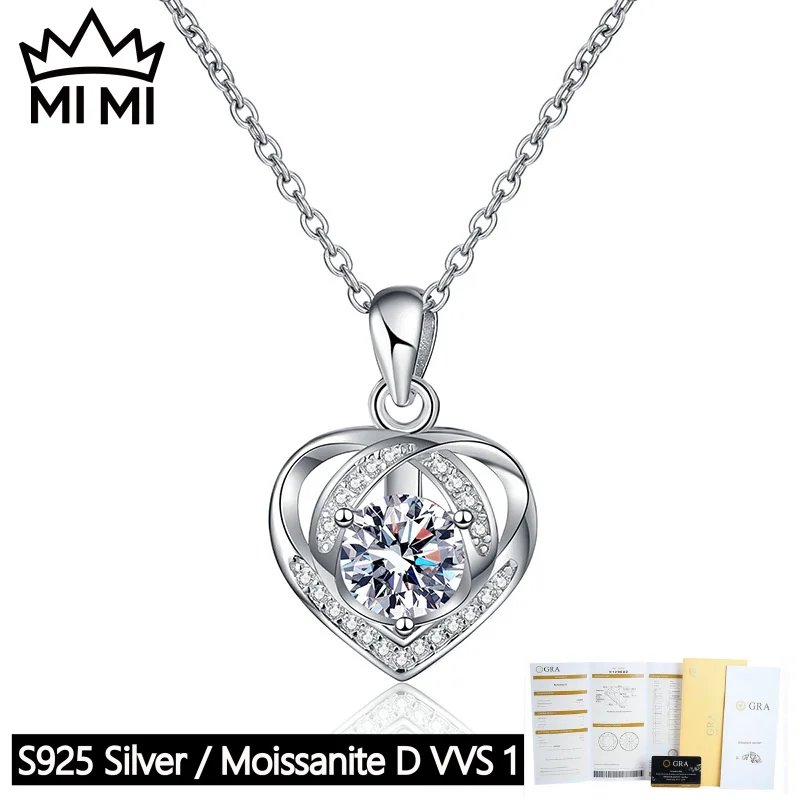 

MI MI 925 Sterling Silver GRA Certified 1CT Heart-Shaped Moissanite "Love Message" Pendant Necklace Valentine's Gift with Gift B