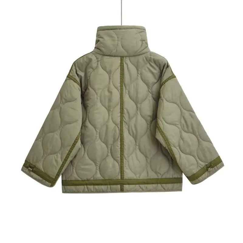 JHJN Chaqueta de algodón de cuello alto para mujer, Tops de Color sólido, prendas de vestir exteriores con empalme verde militar, chaqueta con bolsillo, nueva ropa femenina de invierno