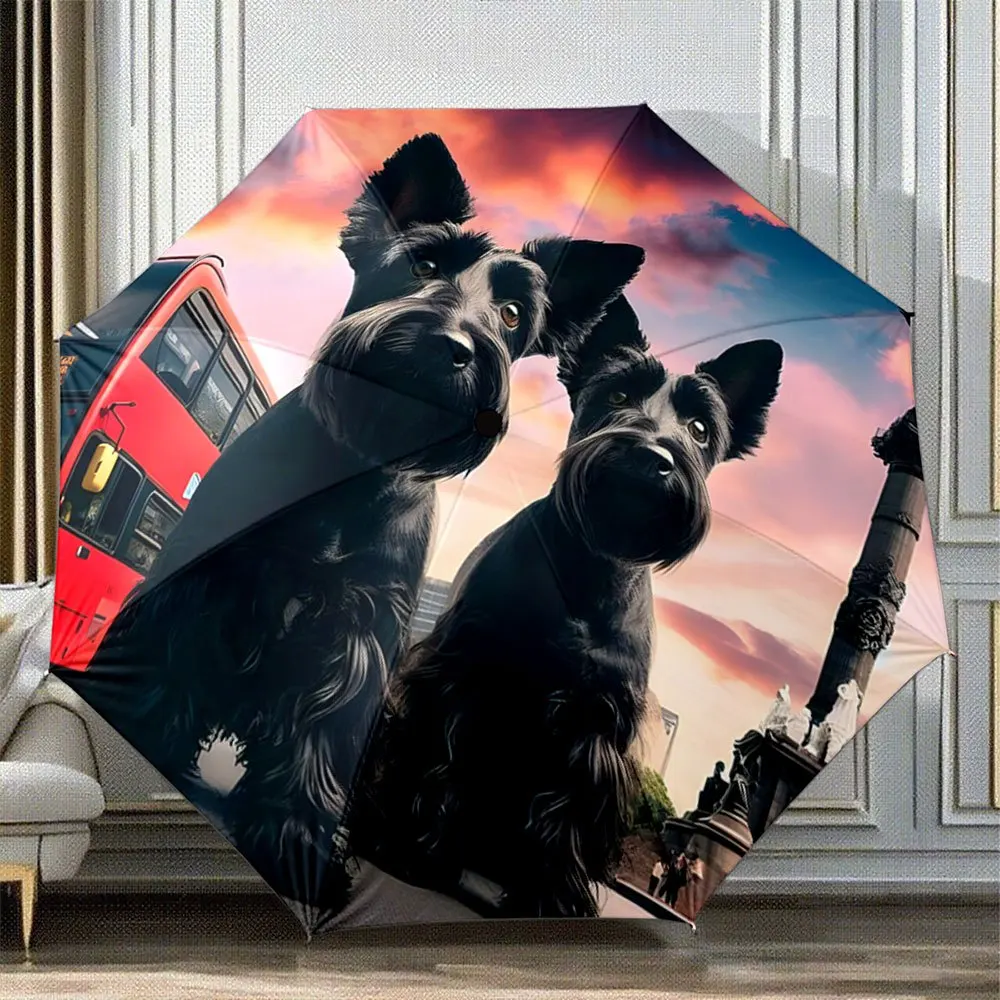 

Automatic Folding Umbrella with Two Black Scottish Terriers & London Skyline Design - 8-Rib Collapsible Portable Umbrella, Dur