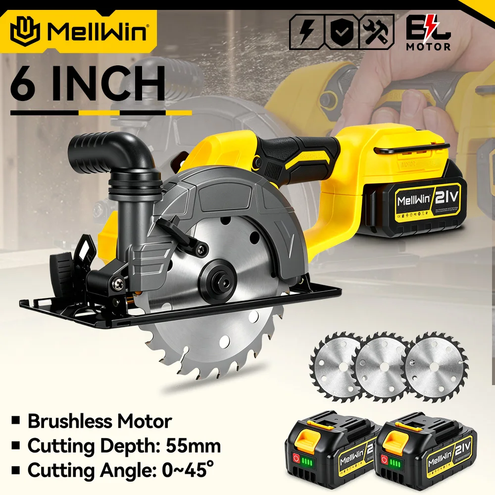 MELLWIN 6-Zoll bürstenlose Kreissäge wiederaufladbar 45 °   Winkeleinstellung Multifunktions-Schneidemaschine für Makita 18V Batteriestift