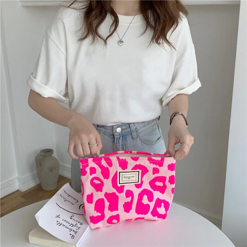 Bolso de cosméticos de lona Retro para mujer, estuche grande de moda para niñas, estuche de lápices con estampado de leopardo, bolso de