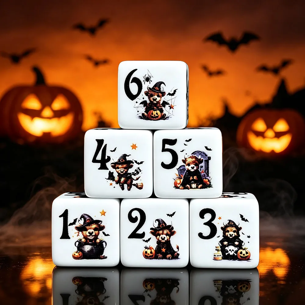 12Pcs 16MM D6 Acrylic Printed Dice With Halloween Wizard Teddy Bear Pumpkin Bat Spider Pattern For DND RPG Tabletop Board Game