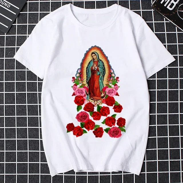

Men's Short Sleeve T-Shirt Virgen Morena Guadalupe Virgin Mary Flower Rose Print O-Neck Casual Prayer Wear Quality Shirt
