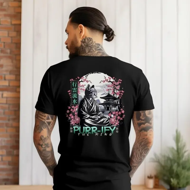 Zen Cat Meditation T Shirt Purify The Mind Neko Buddhism Japanese Zazen Spiritual Clothing