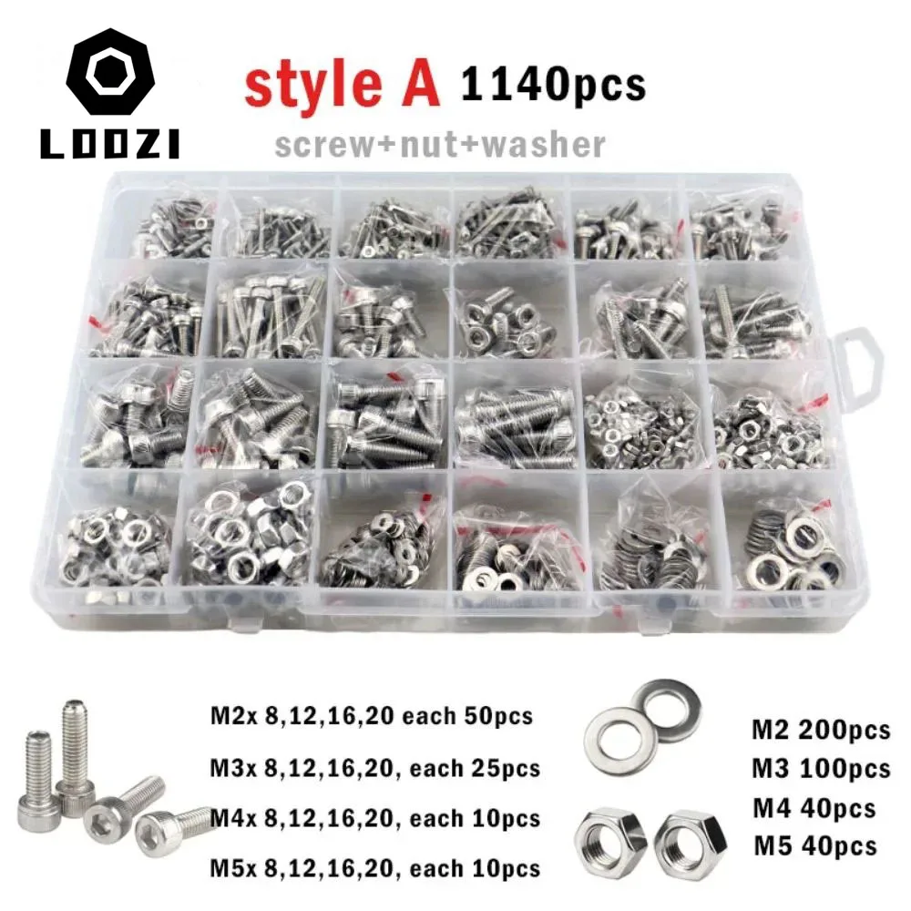 2100–250 Stück M1,6 M2 M2,5 M3 M4 M5 304 Edelstahl Innensechskant Innensechskantschraube Bolzen Mutter Unterlegscheibe Set Sortiment Kit – Detail 1