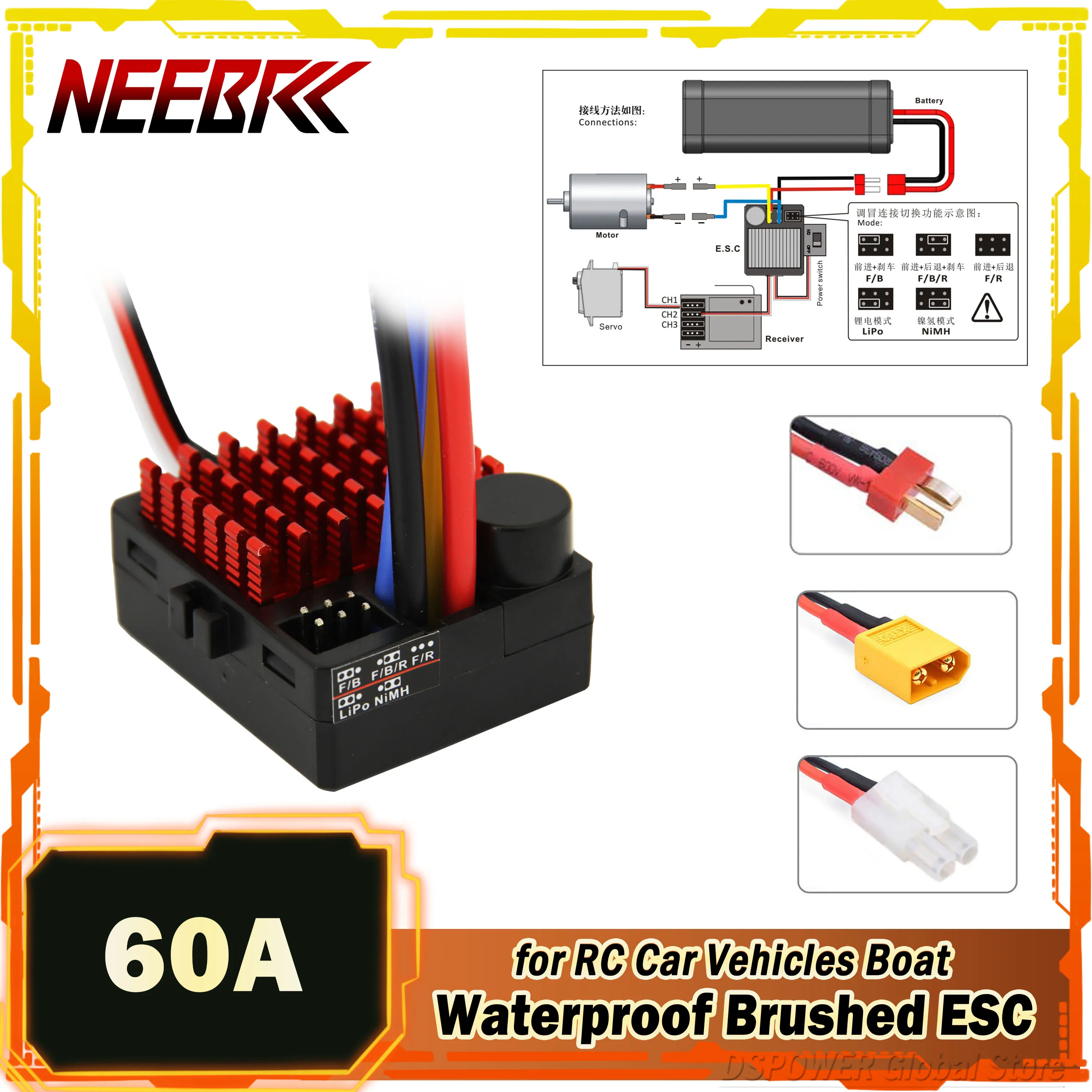 

60A Waterproof Brushed ESC 6V/3A BEC Built-in 3 Modes T/XT60/Tamiya 2-3S for RC Model Car Vehicles Boat Tanks 540/550/750 Motors