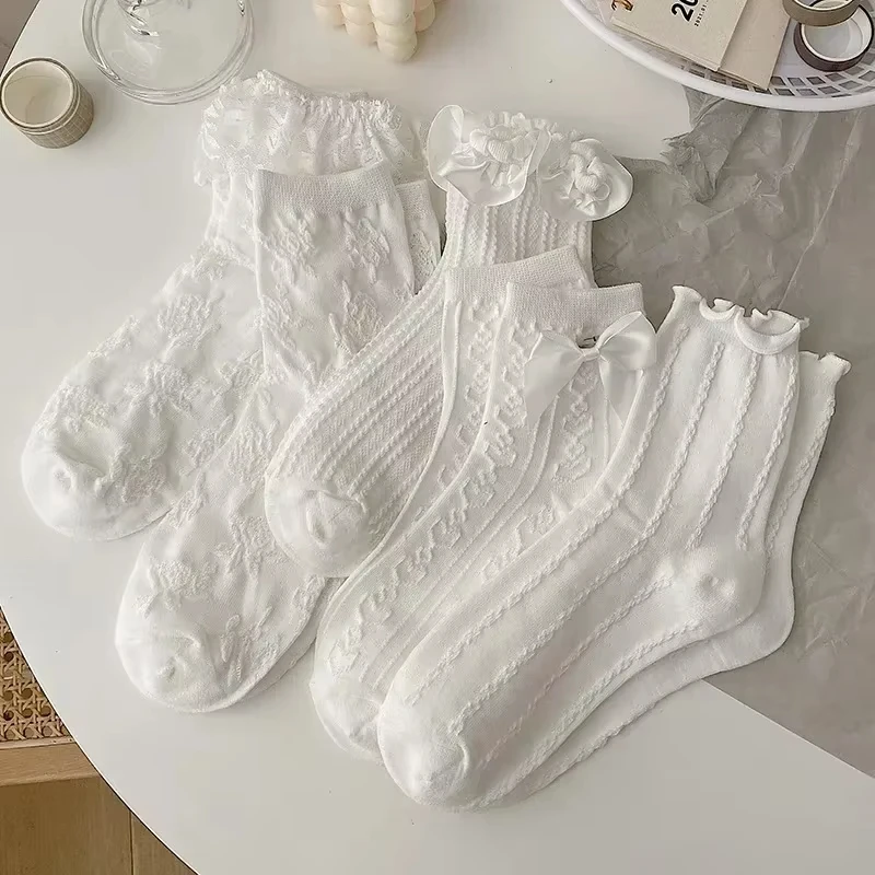 Mittellange Spitzensocken mit Schleife und Rüschen, Kawaii Lolita Kurzsocken, Baumwollsocken, JK Japanische Spitzenstrümpfe, Damenstrümpfe