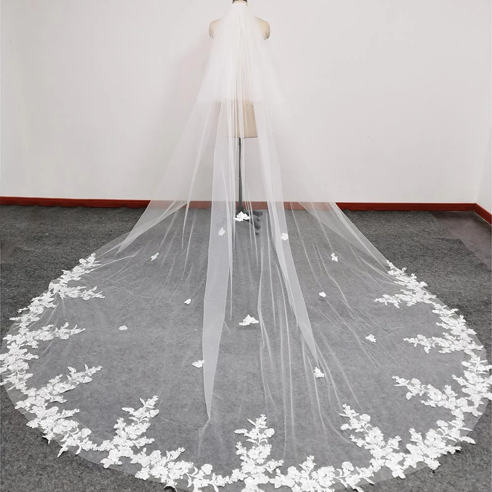 Customized Real Photos Long Lace Wedding Veil with Blusher 2 Tiers 3m/3.5m/4m/5m Bridal Veil with Comb Wedding Accessories