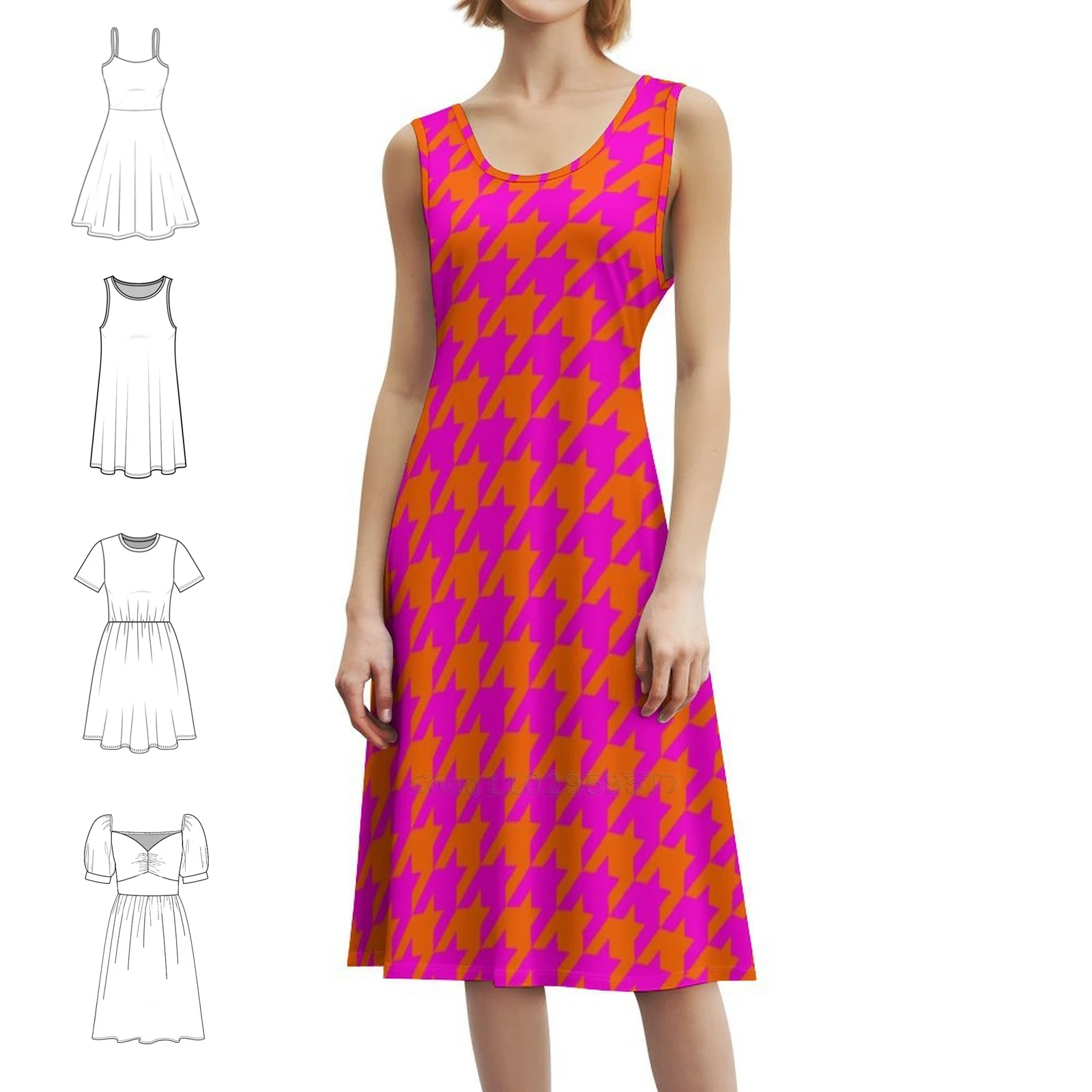 Rosa e laranja houndstooth estilo preppy mini vestido para mulher a linha solto ajuste casual vestido de dia grande houndstooth dogstooth rosa