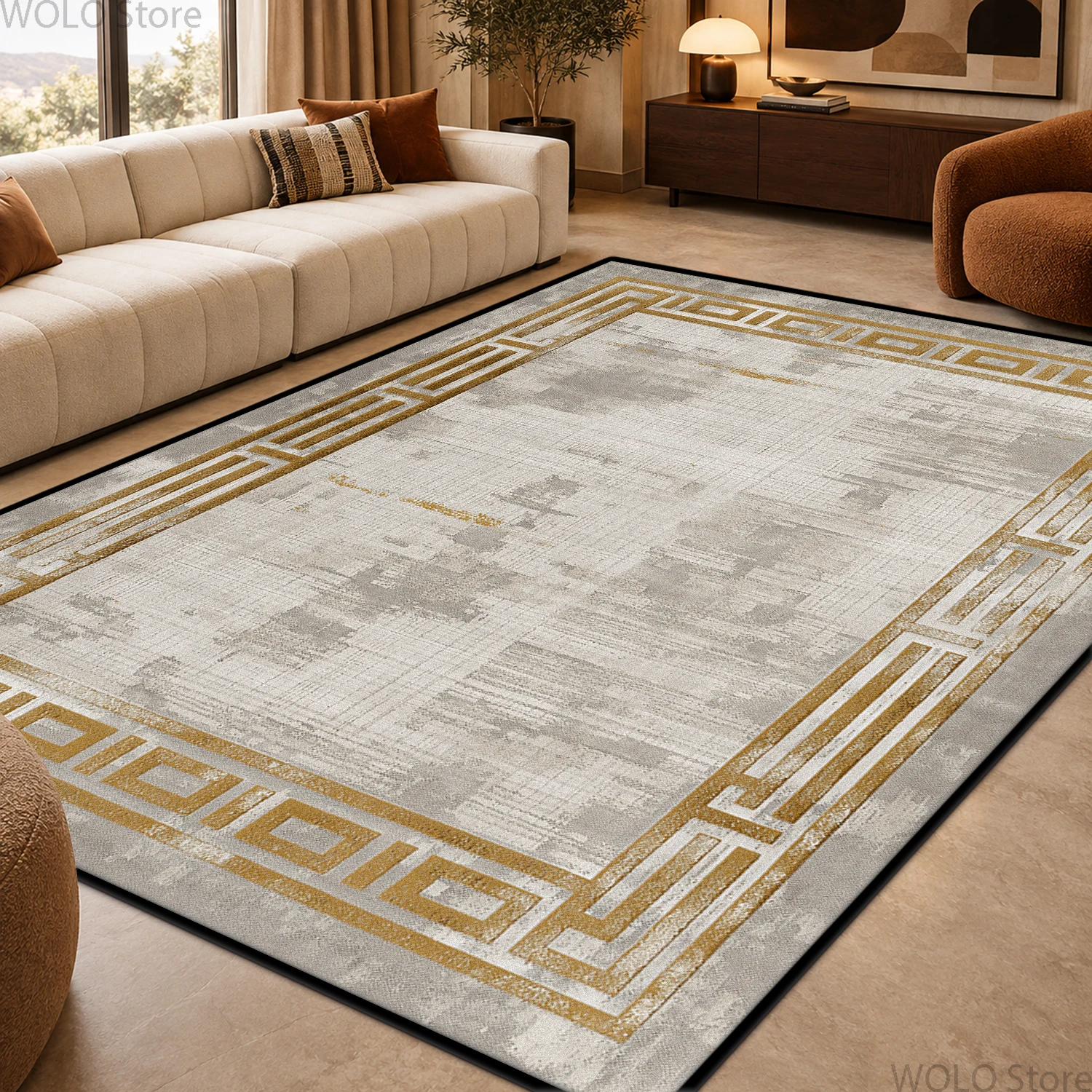 Earthy Tone Geometric Border Office Large Size Carpet Stain Resistant Easy Clean Living Room Rug Soft Durable Bedroom Floor Mat