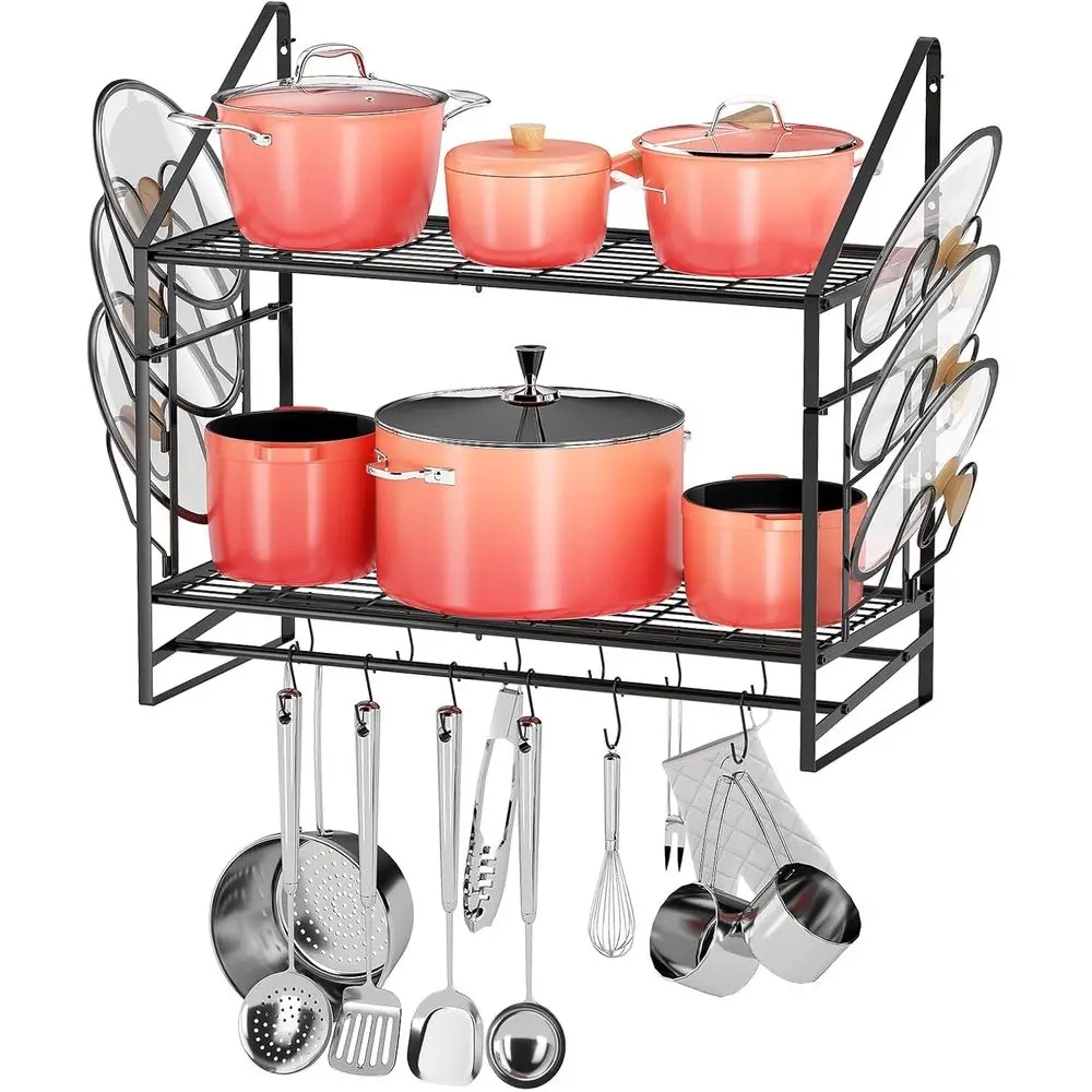Black 28 Wall-Mounted Pot Rack with 2-Tier Pan Hanger and 12 Hooks, 6 Lid Holders for Kitchen Cookware and Utensils