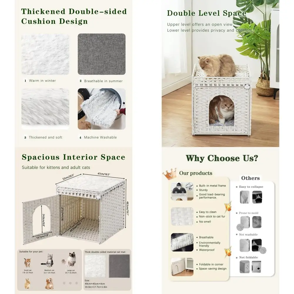 

Extra Large Indoor Double Cat Cave, Handcrafted Rattan Pet House with Cushioned Sides, 18.5x20.5x19.1 Foldable, White