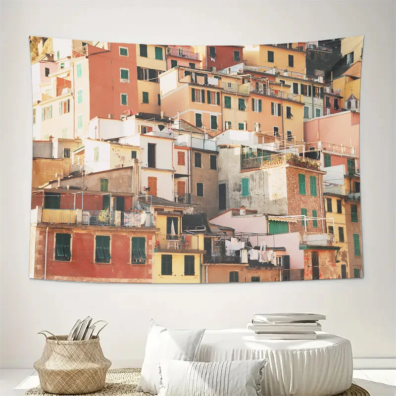 Colorful Mediterranean Coastal Village Houses Wall Tapestry Machine Washable All Season Decor Print Home Elevate Your Space