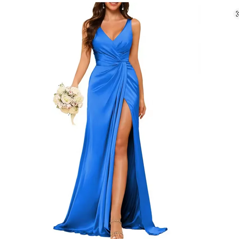 

New Women's V Neck Bridesmaid Dresses Slit Ruched Satin Pleated Formal Party Dress Spring Evening Gowns Vestidos customized