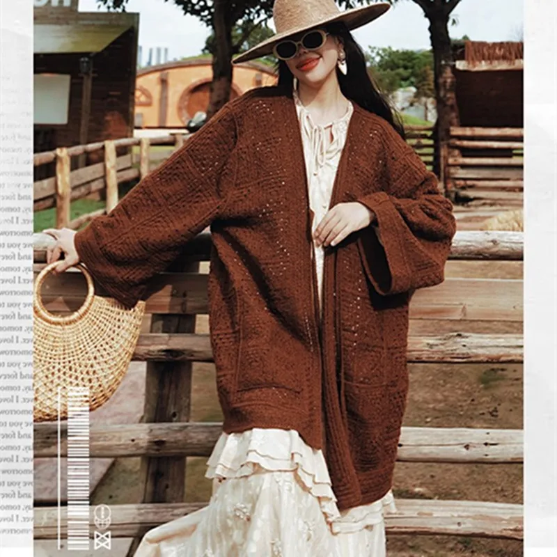 TIYIHAILEY Knitting Brown Coat Women Autumn Outerwear Full Sleeve Cardigan Loose Sweaters Long Lace Up 2025 New WIth Pocket