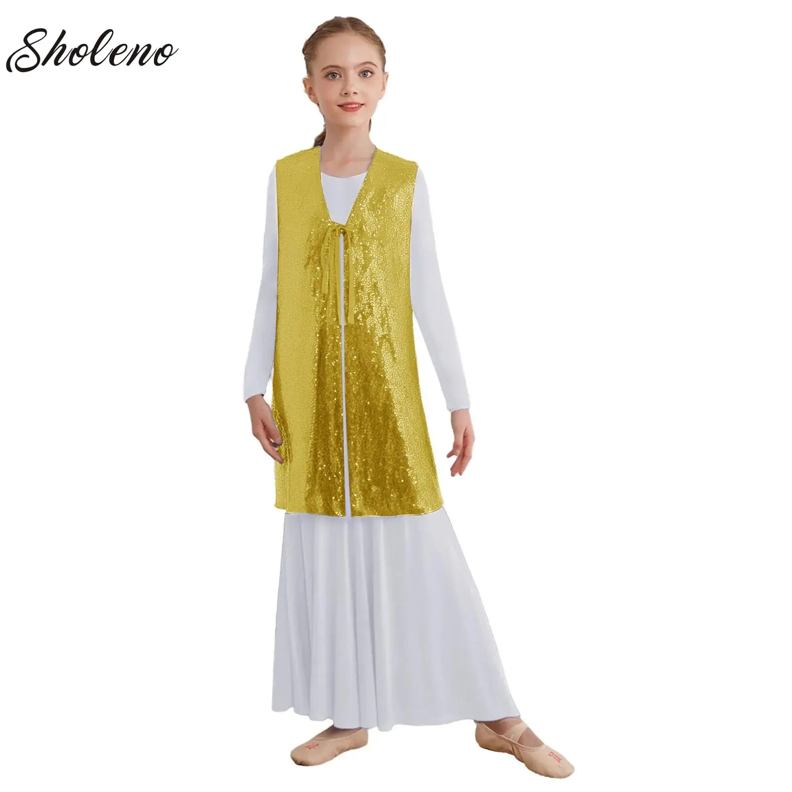 

Kids Girls Modern Lyrical Dance Dress with Church Choir Liturgical Worship Praise Tunic Sequins Liturgical Ballet Gown Costume