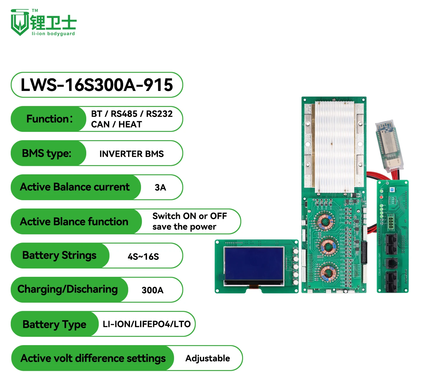 LWS Smart Active Balance 15S 16S 100A 200A 300A LiFePO4 Li-ion 51.2V 59.2V BMS with Can RS485 Bluetooth LCD Screen