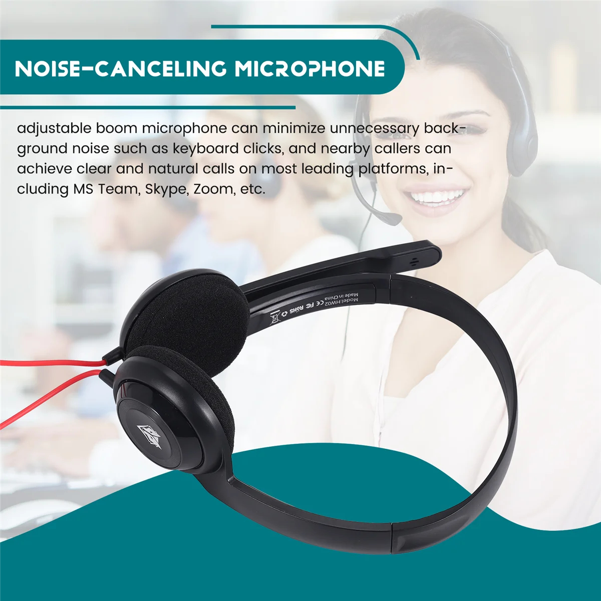 소음 차단 마이크가 있는 USB 헤드셋, 노트북 컴퓨터용, 온이어 유선 사무실 콜센터, 붐용 헤드셋