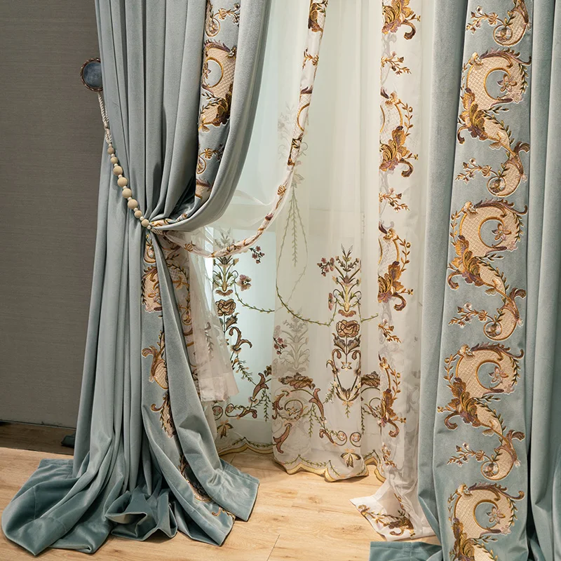 American Haze Blue Embroidered Flannelette Patched Curtains for Living Room Bedroom French Window Balcony Custom Window Screen