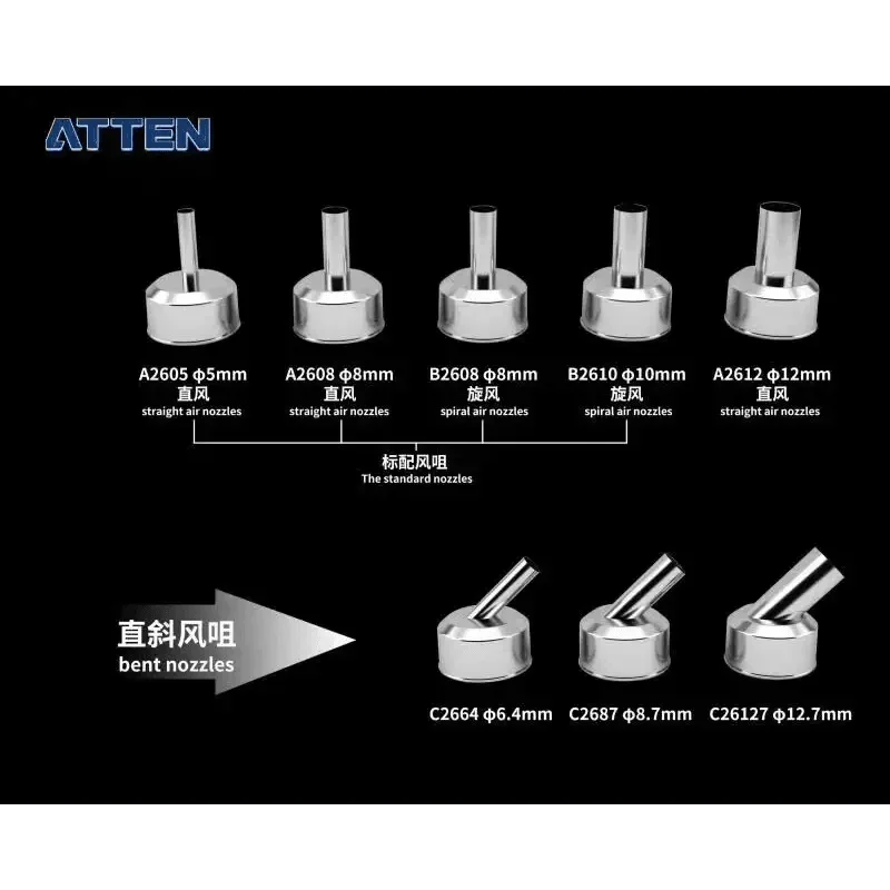 ATTEN ST-862D Hot Air Soldering Station Resisting Nozzle 5/8/12mm Straight Spiral Heat Sleeves Mouth Replace for ST-862D Station