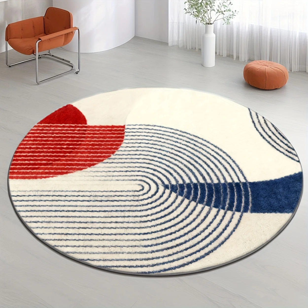 Geometric Red Blue Concentric Lines Abstract Art Round Carpet For Contemporary Lounge With Retro Wave Carpet Vibe