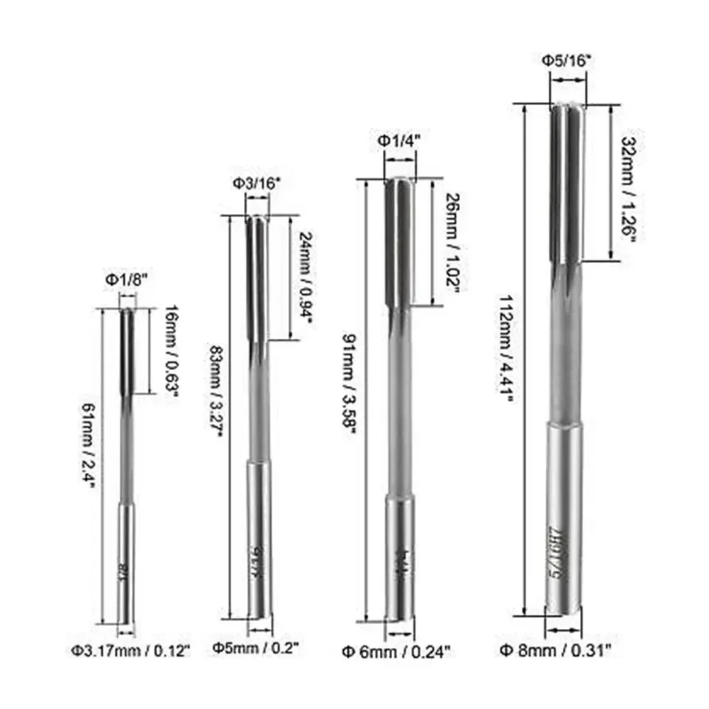 

4 Pieces Chuck Reamer 6 Straight Blade Cast Iron For 1/8" 3/16" 1/4" 5/16" H7HSS Straight-edged Tools