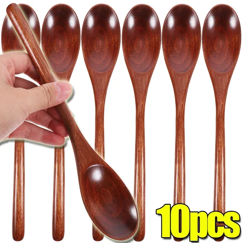 1/10PCS Kitchen Wooden Soup Spoons Long Handle Coffee Milk Honey Stirring Scoops Round Pointed Reusable Teaspoons Home Tableware