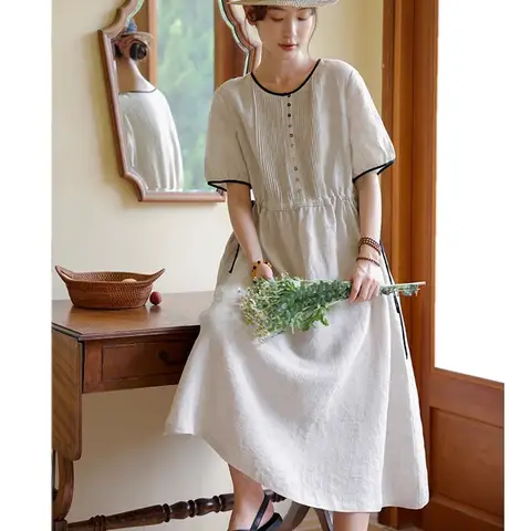 Women's Linen Dress, Round Neck, Slightly Wrinkled Casual Dress, Irregular Half Sleeve, Contrast Color Dress, Pullover Pleated D