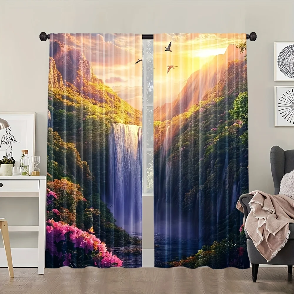 Tropical waterfall sunset curtains, pole-mounted installation. Suitable for living rooms, bedrooms, dining rooms, and hotels.