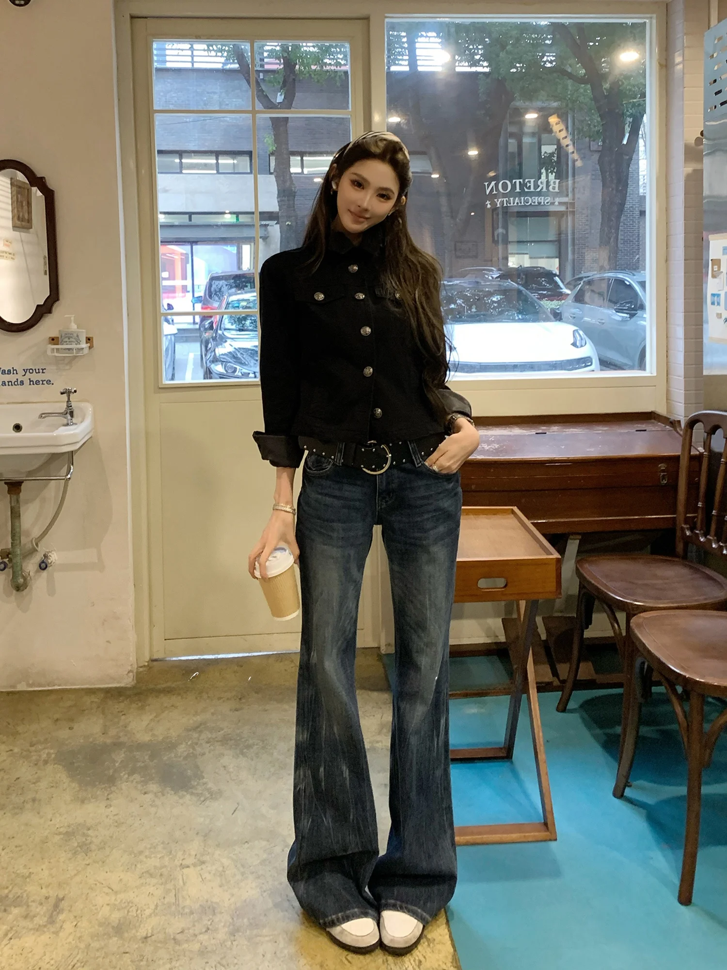 

F Project New York Street Retro Wash Low Waist Flared Jeans Women's Slimming Long Pants Lightning Pattern Casual Spring Denim