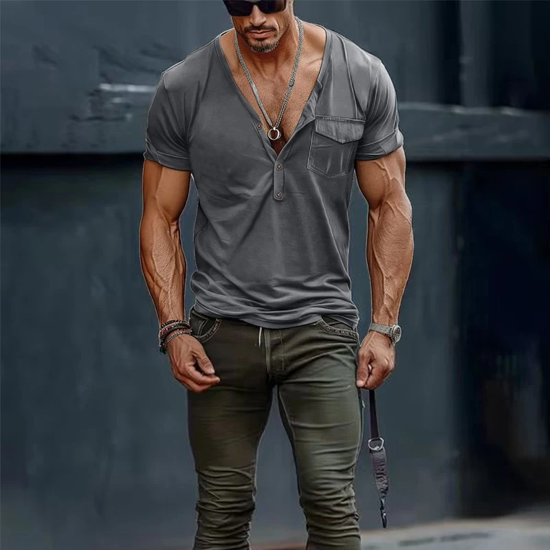 Men's Solid Short Sleeve T-shirt With Deep Henley Neck And Breasted Pocket, Casual And Trendy For Summer Leisurewear