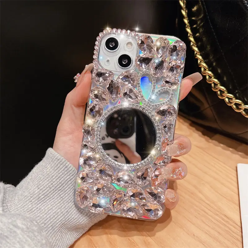 Rabbit Diamond Rhinestone Luxury Phone Case for Samsung S24 S21 S22 23Ultra Note20 Crystal Makeup Mirror Cover, 3D Cute Rabbit