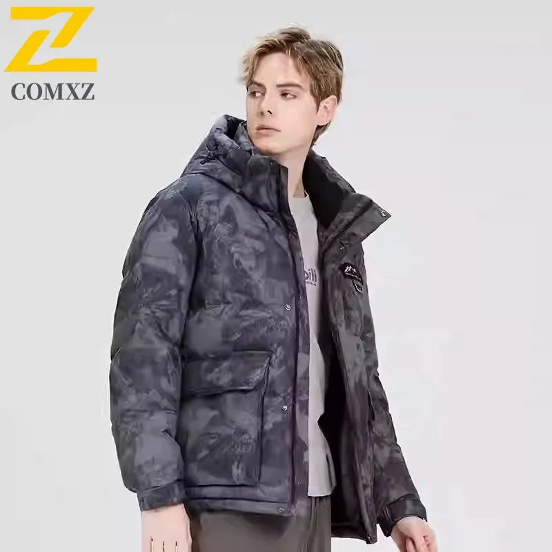 

COMXZ Men Camo Down Jacket 2025 Casual Hooded Camping Cold Protection Warm Jacket Leisure Travel Lightweight Winter Jackets