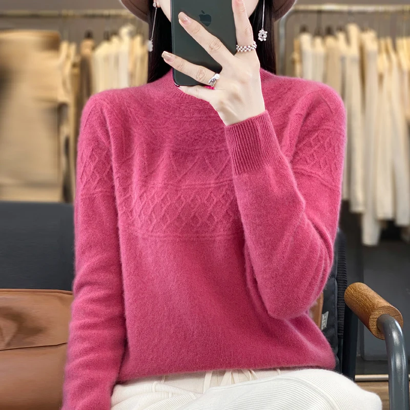 New 100% Cashmere Sweater Women's Mock Neck Pullover Long Sleeve Loose Fashion Cashmere Sweater Women's Autumn And Winter