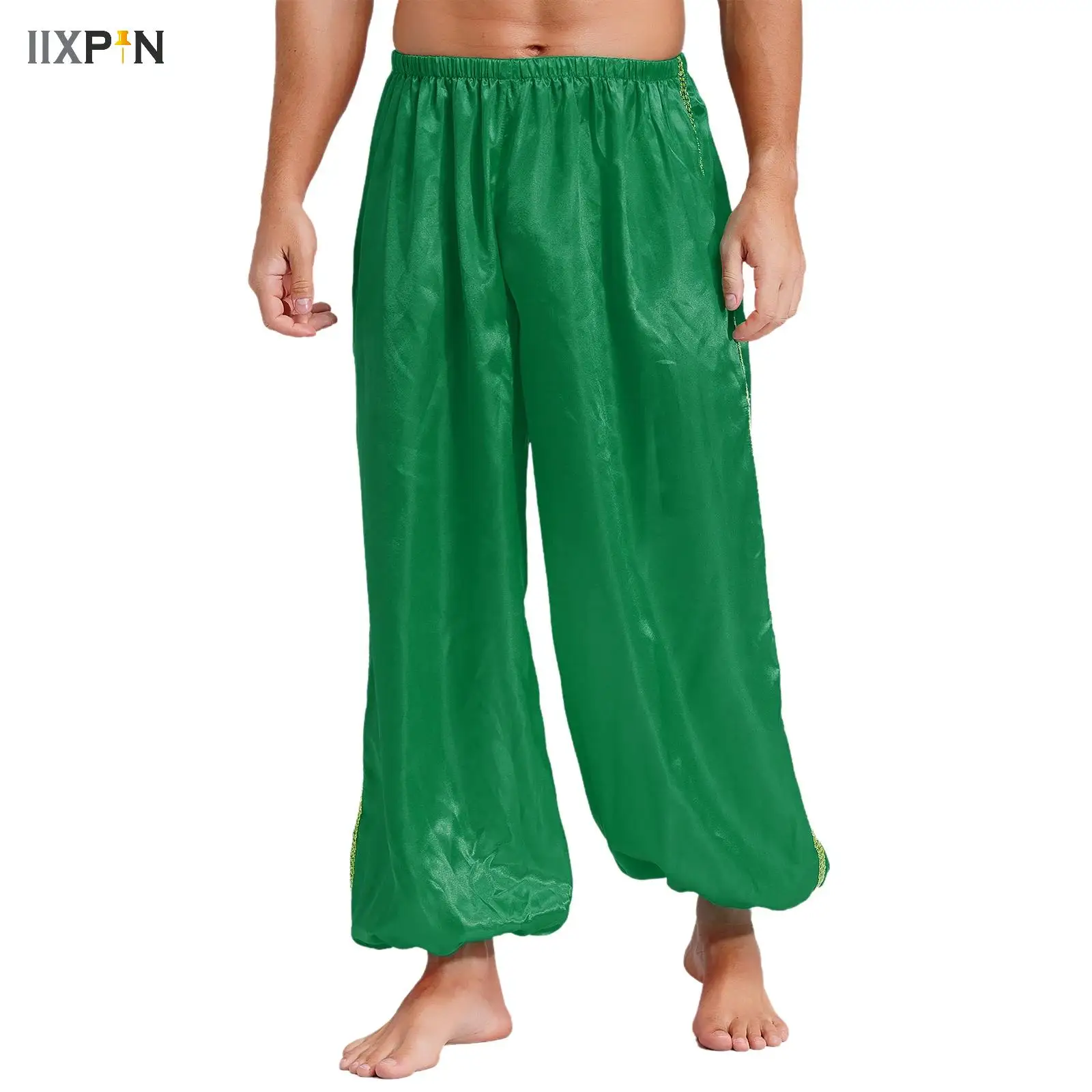 Mens Halloween Arabian Prince Satin Pants Elastic Waist Gold Trim Bloomer Loose Bottoms Trousers for Cosplay Tribal Belly Dance