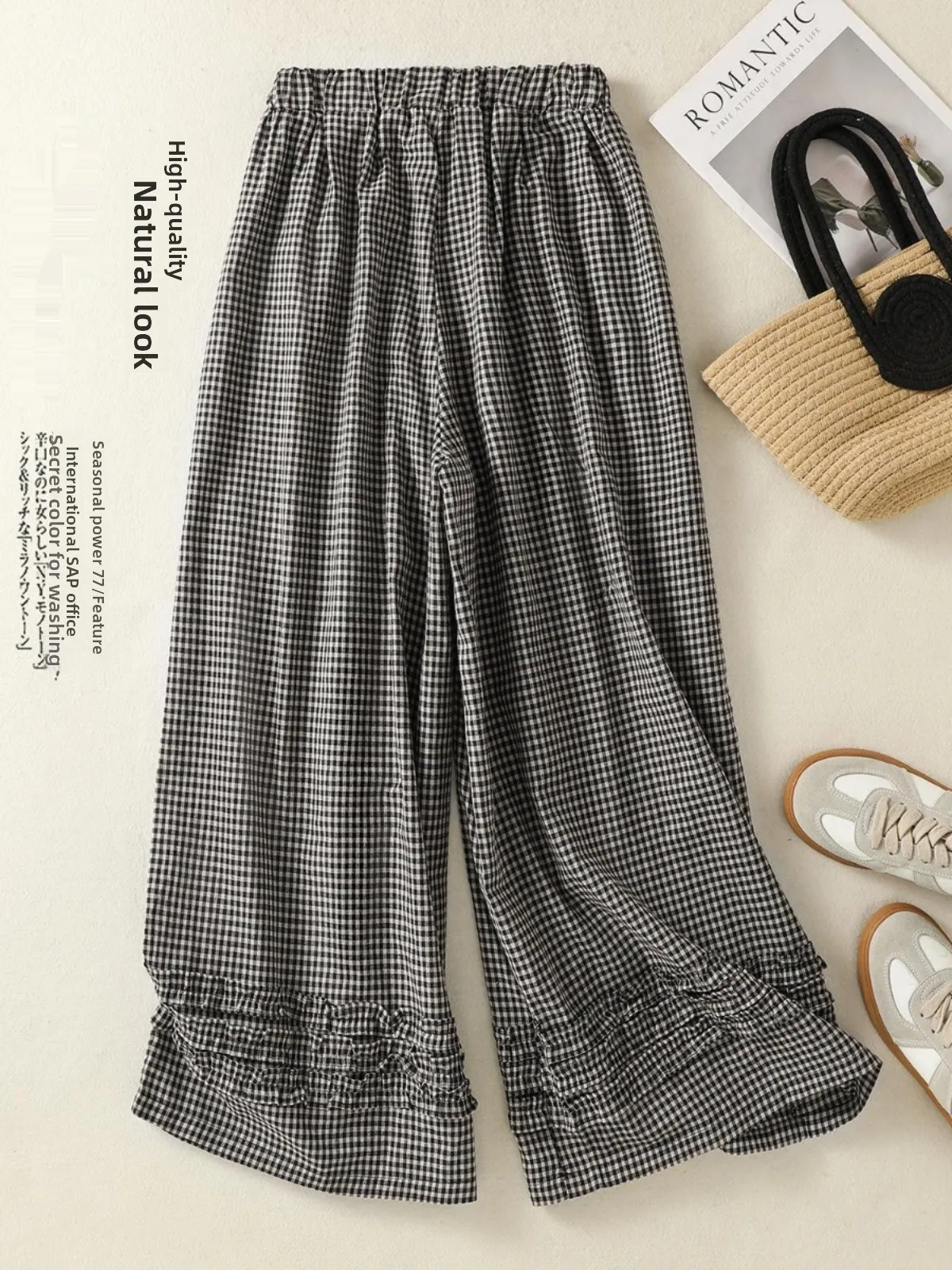 

Vintage Casual Women's Straight Leg Cotton Linen Pants Loose Elastic Waist Nine Points Wide Leg Pants Spring Season