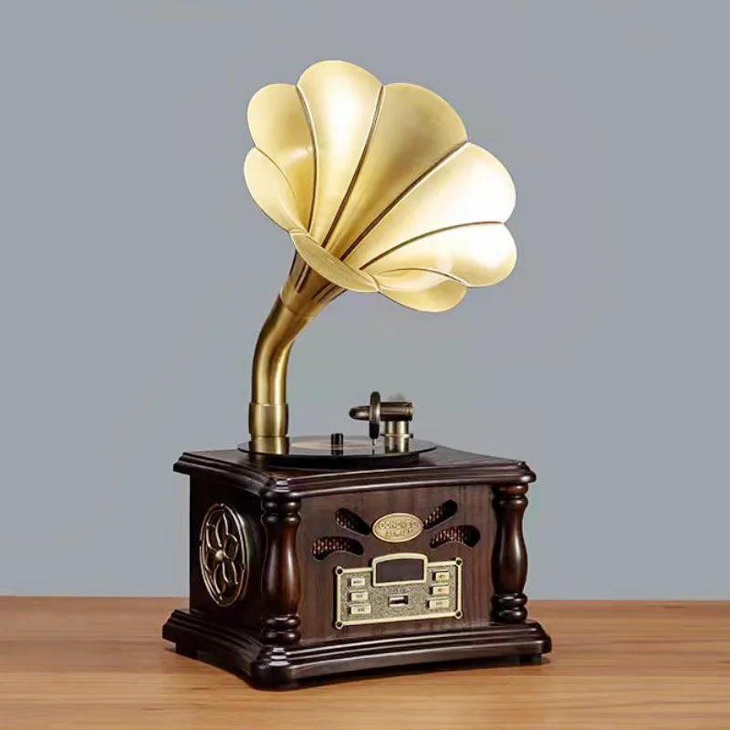 Wooden Home Vintage Ornaments Retro Bluetooth Speakers Desktop Computer Sound Box Dual Horns Subwoofer Mini Phonograph Modeling