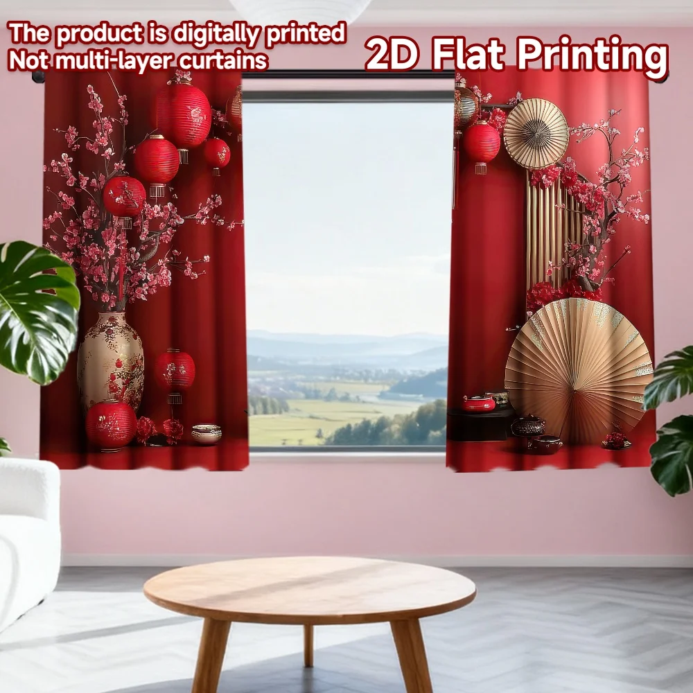 

2D flat printing 2pcs Curtains Chinese New Year Lanterns(9) Digital Printed Polyester Drapes Family Party Decoration Use for New