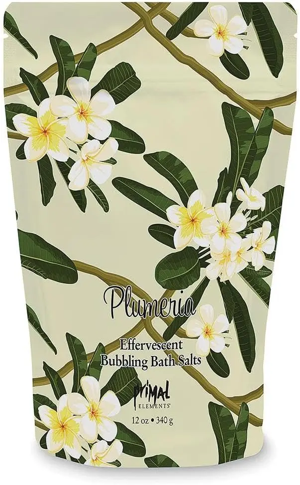 Sales de baño desintoxicantes de mar, sales aromáticas efervescentes con plumeria, sal rosa del Himalaya rica en minerales y aceite de argán para aliviar el dolor.