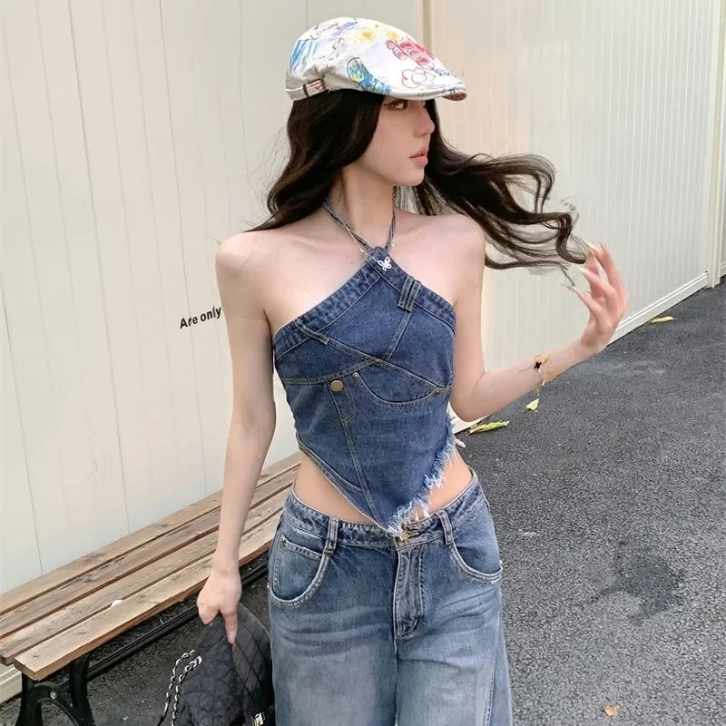 American Denim Halter Neck Suspender Mujer Verano Sexy Parte de atrás bonita Diseño delgado Top irregular