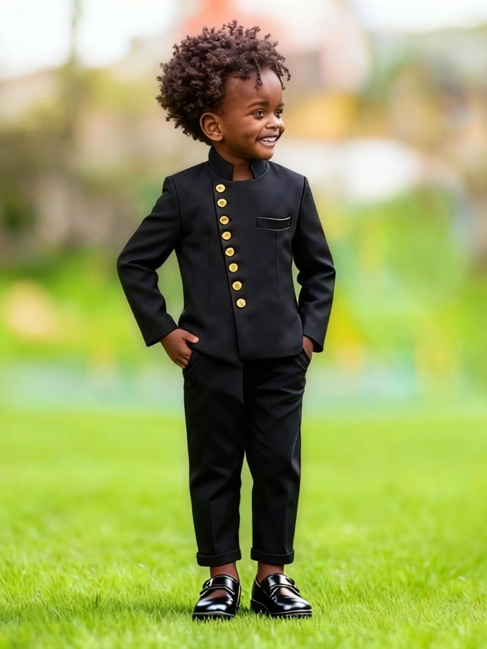 

High Quality African Boys 2PCS Formal Suit 2026 Stylish Black Standing Collar Slim - Fit Party Blazer Trousers