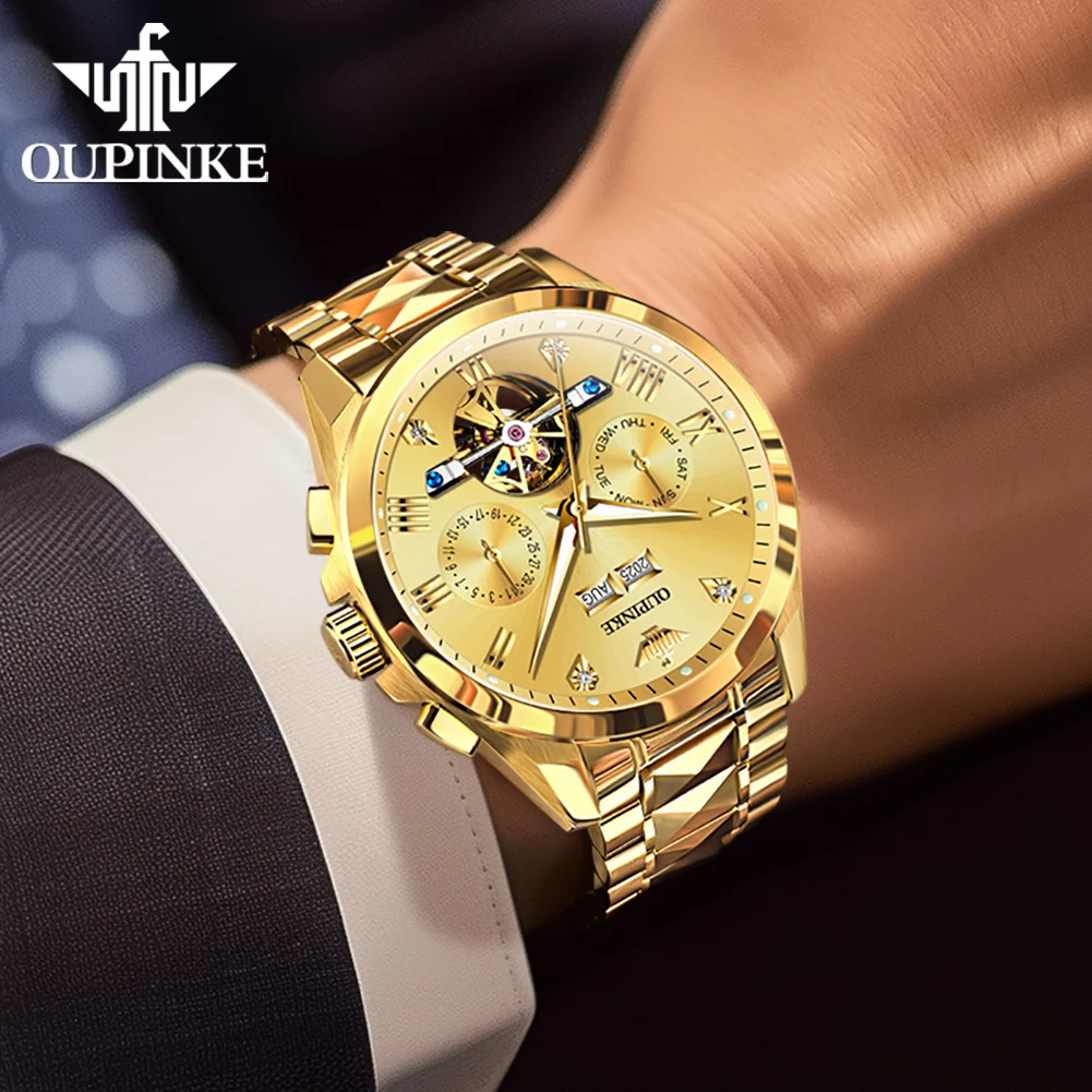นาฬิกา OUPINKE 3280 รุ่นใหม่ คุณภาพสูง นาฬิกาผู้ชายสุดหรู ระบบออโตเมติก ﻿   นาฬิกาเหล็กทังสเตนกันน้ำ 50 เมตร กล่องของขวัญ