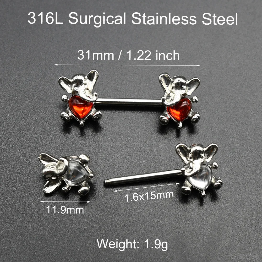 1 Pair Explore the Allure of Nipple Piercing Barbell Little Elephant Heart Nipple Rings 1.6x15mm Post Sexy Nipples Jewel Women