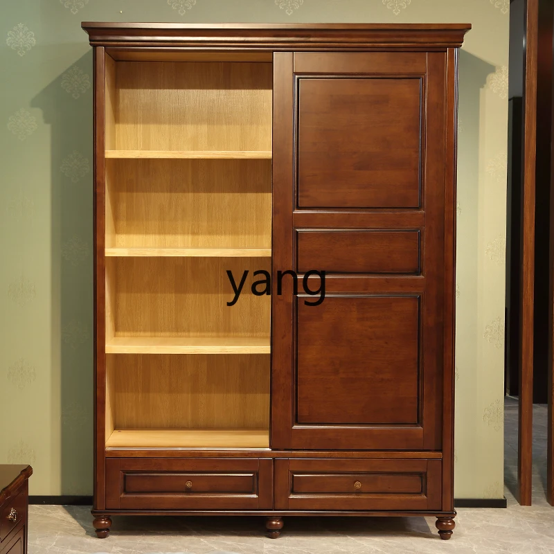 LMM American all-solid wood wardrobe bedroom home sliding door large-capacity storage cabinet combination