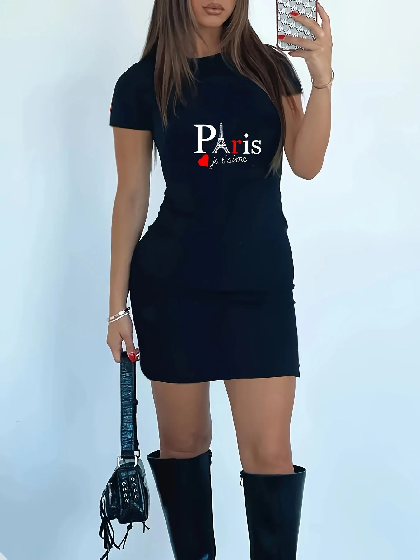 

Женское эластичное облегающее мини-платье больших размеров с буквенным принтом в Париже, Эйфелева башня, графический круглый вырез, короткий рукав, повседневный шикарный наряд