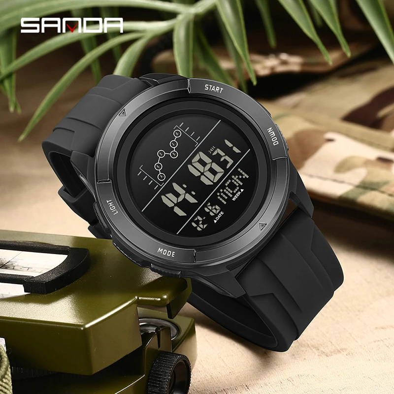 SANDA 2198 Men's Electronic Watch Large Dial Outdoor Climbing Sports Wristwatch Waterproof LED Timing Alarm Function