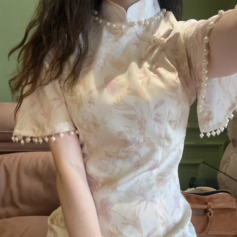 

Women Long Cheongsam Dress Casual Chic Pearl Tassel Floral Print Vintage Dress Lady Costumes Traditional Qipao Modern Cheongsam