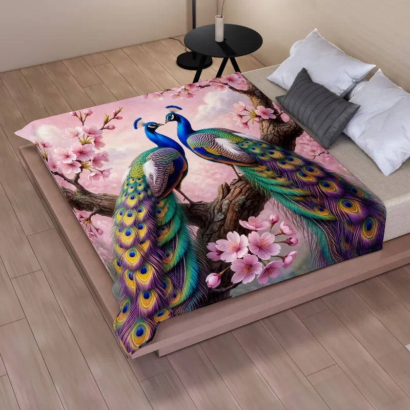 Breathable Flannel Throw Blanket, Pair Peacock with Cherry Blossom Motif, Soft Warm Cover for Bedroom Sofa & Home Ornament