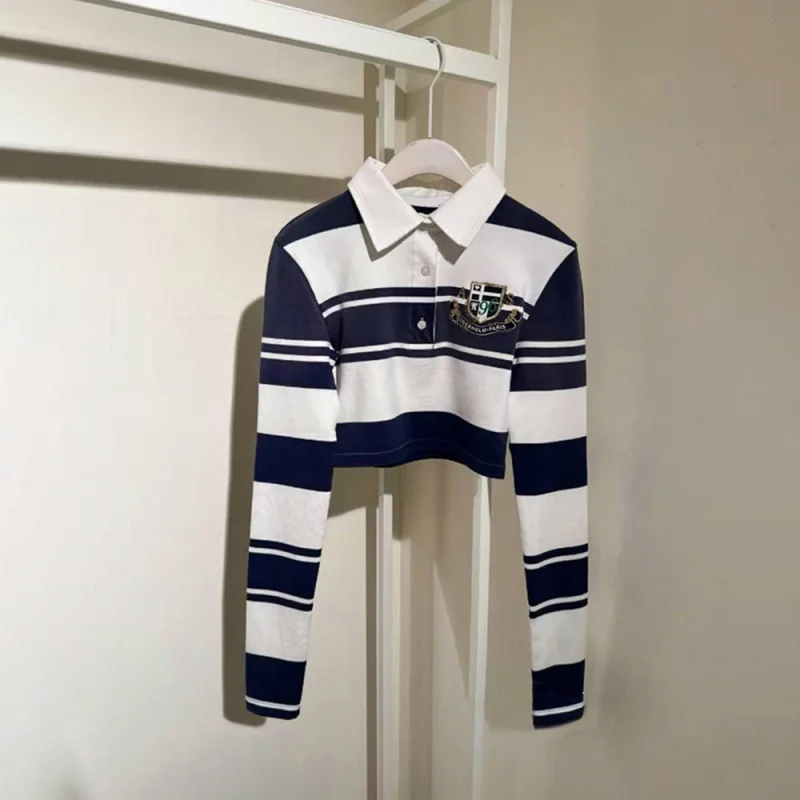 

2025 Autumn New Y2k Classic Color Block Striped Embroidered Long Sleeve Crop Top Shirt for Women (Only size L is in stock)